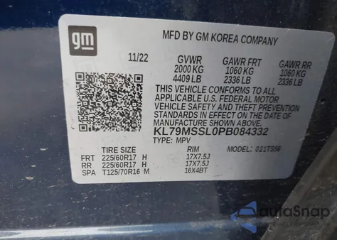 2023 Chevrolet Trailblazer Awd Activ z USA, uszkodzony, nr VIN KL79MSSL0PB084332